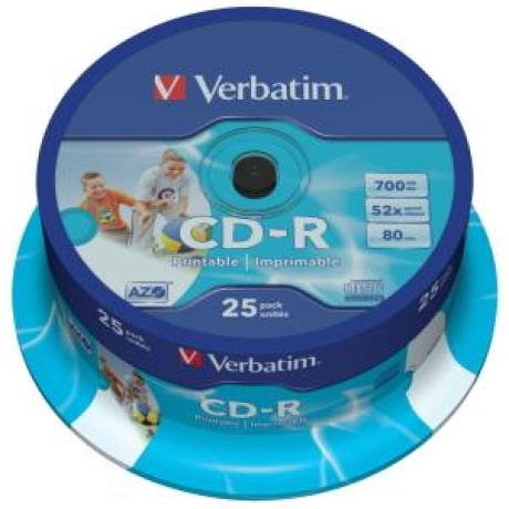 VERBATIM CD-R AZO 700MB 52X 25 PACK SPINDLE WIDE INKJET PRINTABLE SURFACE 43439
