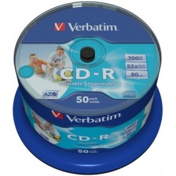 VERBATIM CD-R AZO 700MB 52X 50 PACK SPINDLE WIDE INKJET PRINTABLE SURFACE 43438