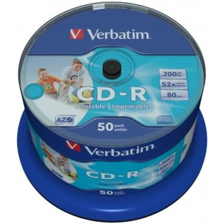 VERBATIM CD-R AZO 700MB 52X 50 PACK SPINDLE WIDE INKJET PRINTABLE SURFACE 43438