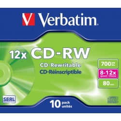 VERBATIM CD-RW 700MB 12X 10 PACK JEWEL CASE SUPERFICIE SCRATCH RESISTANT 43148