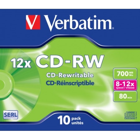 VERBATIM CD-RW 700MB 12X 10 PACK JEWEL CASE SUPERFICIE SCRATCH RESISTANT 43148