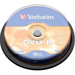 VERBATIM DVD-R 4.7GB, 16X 10 PACK SPINDLE MATT SILVER SURFACE 43523