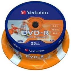 VERBATIM DVD-R 4.7GB 16X 25 PACK SPINDLE WIDE INKJET PRINTABLE SURFACE 43538