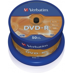 VERBATIM DVD-R 4.7GB 16X 50 PACK SPINDLE MATT SILVER SURFACE 43548