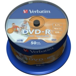 VERBATIM DVD-R, 4.7GB 16X 50 PACK SPINDLE WIDE INKJET PRINTABLE SURFACE 43533