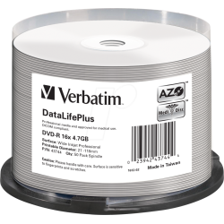 VERBATIM DVD-R 4,7GB 16X 50 PACK SPINDLE DATALIFE PLUS WIDE INKJET PRINTABLE PROFESSIONAL 43744