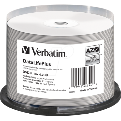 VERBATIM DVD-R 4,7GB 16X 50 PACK SPINDLE DATALIFE PLUS WIDE INKJET PRINTABLE PROFESSIONAL 43744