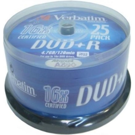 VERBATIM DVD+R 4.7GB 16X 25 PACK SPINDLE MATT SILVER SURFACE 43500