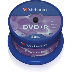 VERBATIM DVD+R 4.7GB 16X 50 PACK SPINDLE MATT SILVER SURFACE 43550