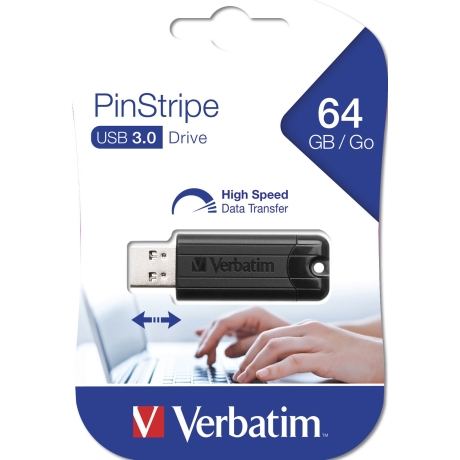 VERBATIM PENDRIVE PINSTRIPE 64GB HIGH SPEED RETRACTIL USB 3.2 BLACK