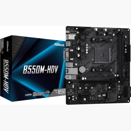 Mainboard|ASROCK|AMD B550|SAM4|MicroATX|1xPCI-Express 3.0 1x|1xM.2|1xPCI-Express 4.0 16x|Memory DDR4|Memory slots 2|1x15pin D-sub|1xDVI|1xHDMI|2xUSB 2.0|4xUSB 3.2|1xPS/2|1xRJ45|3xAudio port|B550M-HDV