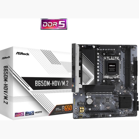 Mainboard|ASROCK|AMD B650|SAM5|Micro-ATX|Memory DDR5|Memory slots 2|1xPCI-Express 4.0 1x|2xPCI-Express 4.0 16x|1xM.2|1xHDMI|1xDisplayPort|1xAudio-In|1xAudio-Out|1xMicrophone|4xUSB 2.0|2xUSB 3.2|1xUSB-C|1xRJ45|B650M-HDV/M.2