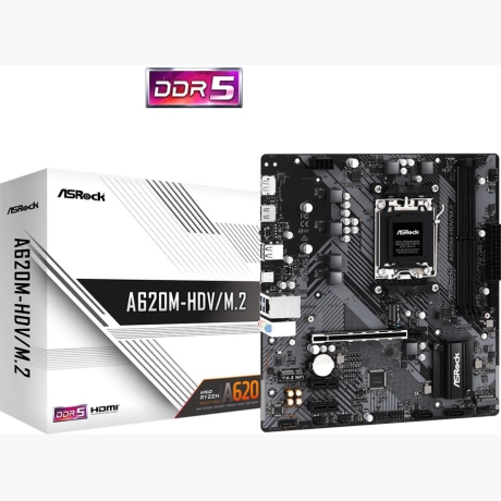 Mainboard|ASROCK|AMD A620|SAM5|Micro-ATX|Memory DDR5|Memory slots 2|2xPCI-Express 3.0 1x|1xPCI-Express 4.0 16x|2xM.2|1xHDMI|1xDisplayPort|2xUSB 2.0|2xUSB 3.2|1xUSB-C|1xRJ45|3xAudio port|A620M-HDV/M.2