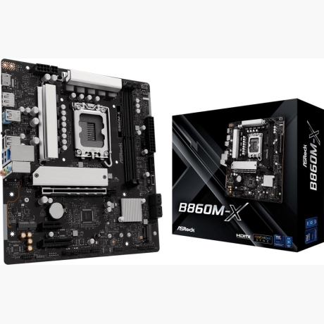 Mainboard|ASROCK|Intel B860 Express|LGA1851|Micro-ATX|Memory DDR5|Memory slots 2|1xPCI-Express 4.0 1x|1xPCI-Express 4.0 4x |1xPCI-Express 4.0 16x|1xM.2|1xHDMI|1xDisplayPort|1xAudio-In|1xAudio-Out|1xMicrophone|2xUSB 2.0|3xUSB 3.2|1xUSB-C|1xRJ45|B860M-X