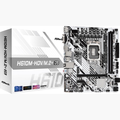 Mainboard|ASROCK|Intel H610|LGA1700|Micro-ATX|Memory DDR5|Memory slots 2|1xPCI-Express 3.0 1x|1xPCI-Express 4.0 16x|1xM.2|1x15pin D-sub|1xHDMI|1xDisplayPort|1xAudio-In|1xAudio-Out|1xMicrophone|4xUSB 2.0|1xUSB 3.2|1xUSB-C|1xPS/2|1xRJ45|H610M-HDV/M.2+D5