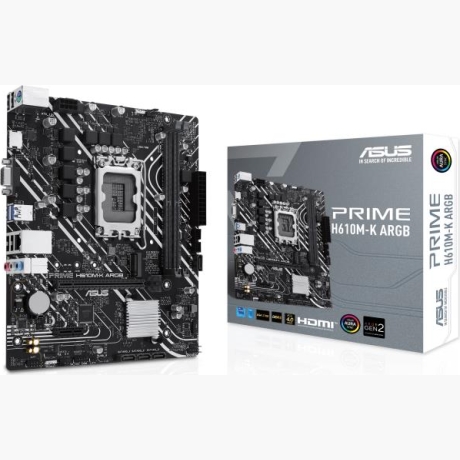 Mainboard|ASUS|Intel H610|LGA1700|Micro-ATX|Memory DDR5|Memory slots 2|1xPCI-Express 3.0 1x|1xPCI-Express 4.0 16x|1xM.2|1x15pin D-sub|1xHDMI|1xAudio-In|1xAudio-Out|1xMicrophone|4xUSB 2.0|2xUSB 3.2|1xPS/2|1xRJ45|PRIMEH610M-KARGB