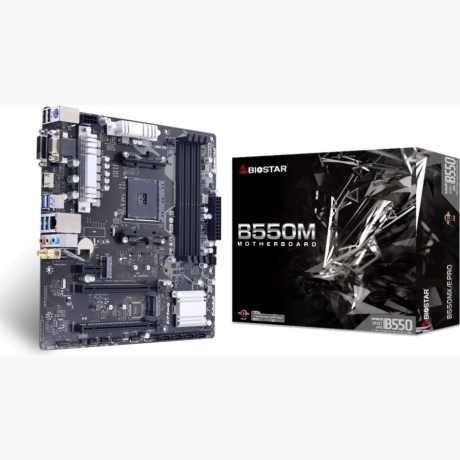 Mainboard|BIOSTAR|AMD B550|SAM4|MicroATX|Memory DDR4|Memory slots 4|1xPCI-Express 3.0 1x|1xPCI-Express 3.0 16x|1xPCI-Express 4.0 16x|2xM.2|1x15pin D-sub|1xDVI-D|1xHDMI|2xUSB 2.0|4xUSB 3.2|1xPS/2|1xRJ45|3xAudio port|B550MX/EPRO