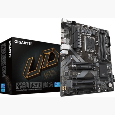 Mainboard|GIGABYTE|Intel B760 Express|LGA1700|ATX|Memory DDR4|Memory slots 4|4xPCI-Express 3.0 1x|1xPCI-Express 4.0 16x|2xM.2|1xHDMI|1xDisplayPort|4xUSB 2.0|1xUSB 3.2|1xUSB-C|1xPS/2|1xRJ45|3xAudio port|B760DS3HDDR4