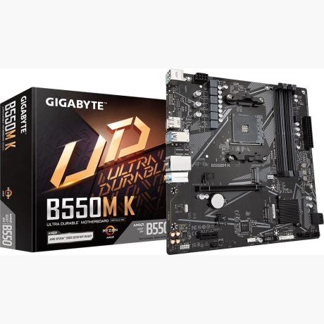 Mainboard|GIGABYTE|AMD B550|SAM4|Micro-ATX|Memory DDR4|Memory slots 4|1xPCI-Express 3.0 1x|1xPCI-Express 4.0 16x|2xM.2|1xHDMI|1xDisplayPort|2xAudio-In|1xAudio-Out|4xUSB 2.0|4xUSB 3.2|1xPS/2|1xRJ45|B550MK1.1