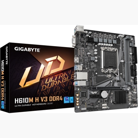 Mainboard|GIGABYTE|Intel H610|LGA1700|Micro-ATX|Memory DDR4|Memory slots 2|1xPCI-Express 3.0 1x|1xPCI-Express 4.0 16x|1xM.2|1x15pin D-sub|1xHDMI|4xUSB 2.0|2xUSB 3.2|1xPS/2|1xRJ45|3xAudio port|H610MHV3DDR4
