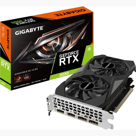 Graphics Card|GIGABYTE|NVIDIA GeForce RTX 3050|6 GB|GDDR6|96 bit|PCIE 4.0 16x|Memory 14000 MHz|GPU 1477 MHz|2xHDMI|2xDisplayPort|GV-N3050WF2OCV2-6GD