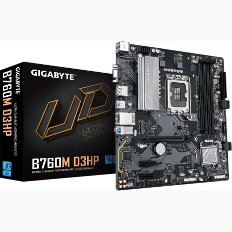 Mainboard|GIGABYTE|Intel B760 Express|LGA1700|Micro-ATX|Memory DDR5|Memory slots 4|2xPCI-Express 3.0 1x|1xPCI-Express 4.0 16x|2xM.2|1x15pin D-sub|1xHDMI|1xDisplayPort|2xUSB 2.0|5xUSB 3.2|1xUSB-C|1xPS/2|1xRJ45|3xAudio port|B760MD3HP1.0