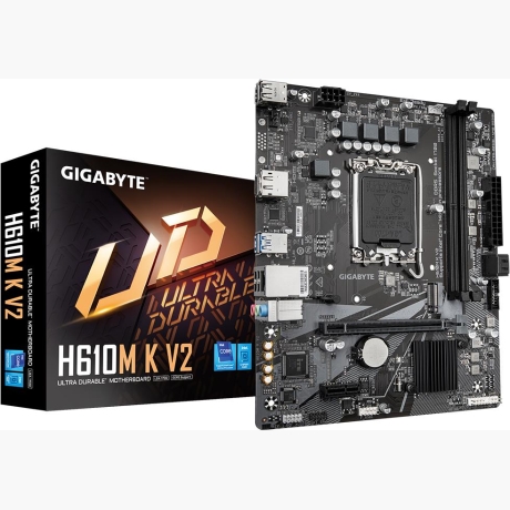 Mainboard|GIGABYTE|Intel H610|LGA1700|Micro-ATX|Memory DDR5|Memory slots 2|1xPCI-Express 3.0 1x|1xPCI-Express 4.0 16x|1xM.2|1xHDMI|1xDisplayPort|4xUSB 2.0|2xUSB 3.2|1xPS/2|1xRJ45|3xAudio port|H610MKV2
